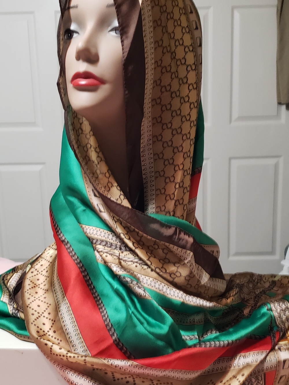 Luxury Patterned Silk Touch Scarf - Green, Red & Gold